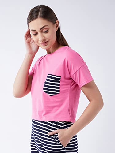 Image of Miss Chase Women's Pink Round Neck Short Sleeve Solid Crop Length T-Shirt
