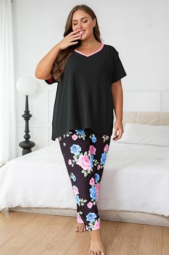 Image of Vozanet Women's Pajama Sets Short Sleeve with Long Pant Soft Sleepwear Printed pj Loungewear With TWO Pockets Size 1X to 5X