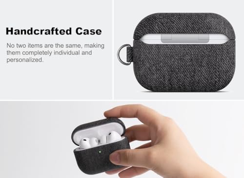 Image of Haobobro Handmade Case - for AirPods Pro 3 Case Cover with Key Chain - Selected Skin-Friendly Vegan Leather, Woolen Fabric Cloth Style, Shockproof Hard Cover for AirPods Pro 3rd Generation - Black