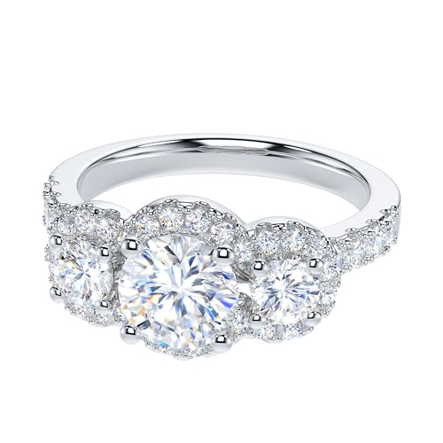 THELANDA Genuine Moissanite Sterling Silver Main Stone 1CT Round Brilliant Cut Three Stone Halo Promise Ring Engagement Ring For Her (7)