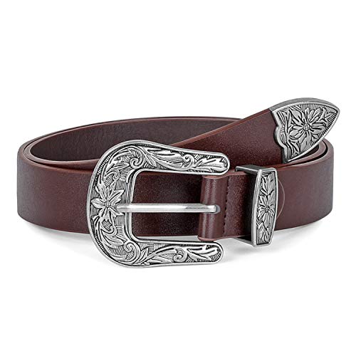 SANSTHS Western Belt For Women, Womens Cowboy Belt For Pants Jeans With Vintage Floral Carved Design