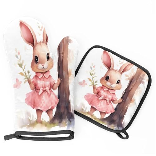 Rabbit Flowers Oven Mitts Kitchen Oven Gloves for Cooking Baking Heat Proof Lining Cotton Kitchen Potholder Mittens Pot Holders Hot Pads for Chef Women Men