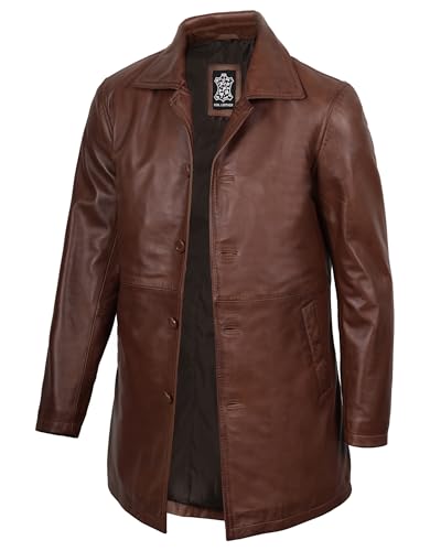 Image of Blingsoul Men Leather Coat, Long Leather Jacket Mens | Real Lambskin Leather, Mid-Length Cut, Lapel Collar, Concealed Buttons, Fully Lined, Wind Resistant,
