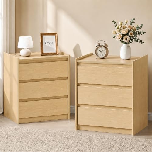 FurniXpress Natural Oak Nightstand Set of 2 with Charging Station, 3-Drawer