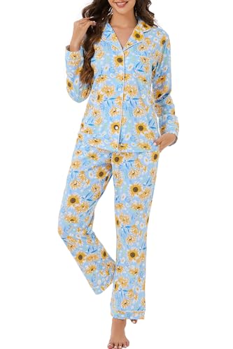 Image of LUBOT 100% Cotton Pajamas for Women Pajama Set Soft 2 Piece Sleepwear PJ Set Long Sleeve Knit Button Cozy Loungewear XS-XXL