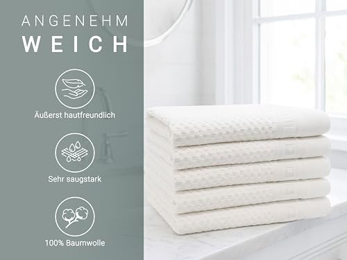 ZOLLNER 5er Set Duschtücher mit Waffelmuster - in weiß - 70x140 cm - Baumwolle - mit praktischem Aufhänger - waschbar bis 95°C - Hotelqualität - Oeko Tex® Zertifiziert