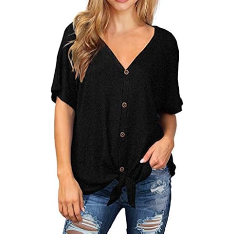 IWOLLENCE Womens Waffle Knit Tunic Blouse Tie Knot Short Sleeve Henley Tops Loose Fitting Bat Wing Shirts Black, XL Cover