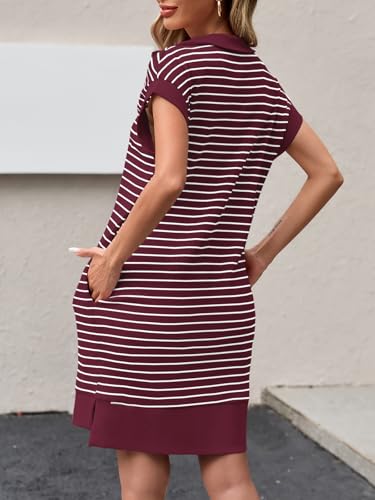 Image of Wenrine Womens Striped Mini Dress Casual Zipper Cap Sleeve Collared V Neck Loose Knit Summer Dresses