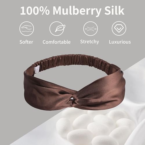 Image of ZLYC Mulberry Silk Headband for Women's Hair Elastic Hairband, Solid Coffee | smooth luxury real silk, stretch elastic no slip fit, makeup spa skincare use, travel daily wear,boho fashion hair accessory