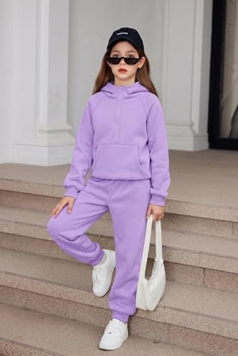 Image of Arshiner Girls 2 Piece Outfits Sweatsuit Half Zip Sweatshirt and Sweatpants | Fall Winter, Drop Shoulder Long Sleeve, Thumbhole Hoodies, with Sweatpant, Jogger Set, Sweat Set, Tracksuits with Pockets
