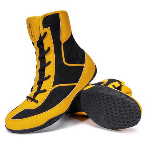 KEFUWU Wrestling Boxing Boots Wide for Men High Top Breathable Lightweight Non-Slip for Competition & Training(10.5 Men, Black Yellow)