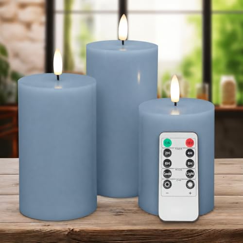 Image of Flickering Flameless Candles, Real Wax Battery Operated Candles with Remote, Flat Top Led Flameless Pillar Candles for Home, Wedding, Party Decor, Set of 3, Φ 3 inch H 4 inch 5 inch 6 inch, Pastel Blue