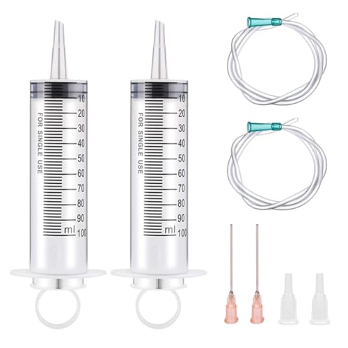 2 Stück Spritzen 100 ml/cc mit Schläuchen und stumpfen Nadeln, Wiederverwendbar, Einzeln Verpackung, Steril, Messflüssigkeiten, Pflanzenbewässerung, Tierfütterung, Wissenschaftliche Labors, Industrie