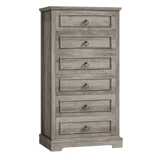 HOSTACK 6 Drawer Dresser for Bedroom, 52" Tall Dresser, Modern Farmhouse Vertical Chest of Drawers for Bedroom, Wooden Closet Chest, Wood Storage Cabinet for Living Room, Hallway, Entryway, Ash Grey
