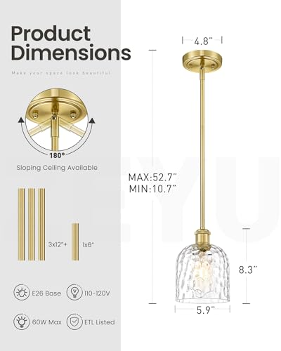 Image of zeyu Vintage Glass Hanging Lights 2 Pack, Kitchen Pendant Lights, Ceiling Hanging Light Fixtures with Clear Hammered Glass, Brushed Gold Finish, ZJF63MIL-L-2PK BG