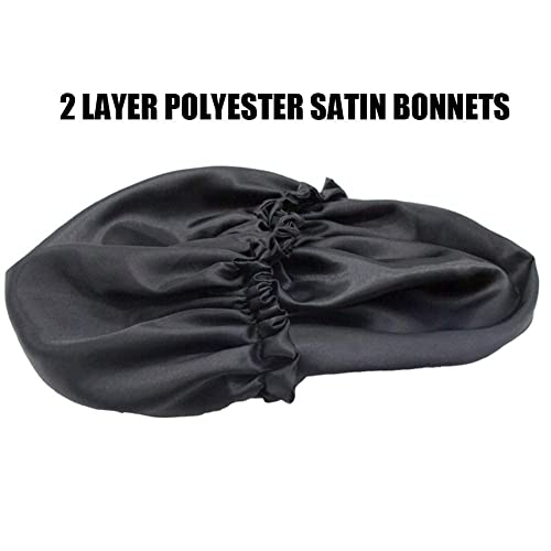 Image of GO WELL Reversible Satin Silk Bonnet With 3 Scrunchies - Adjustable Hair Cap for Sleeping, Curly Hair Wrap (Black)