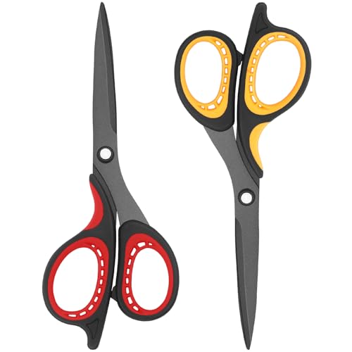 Vutyvve Juego de tijeras de titanio, cuchillas afiladas de acero inoxidable, asas de agarre suave, ideal para el hogar, oficina, escuela y manualidades, rojo, negro, negro, juego de 2 piezas