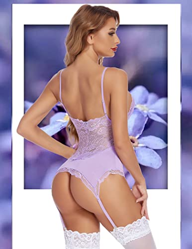 Avidlove Women Floral Lace Babydoll Strap Lingerie Set Lingerie Chemise With Garter Belts Light Purple #TOP3