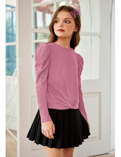 Image of Arshiner Girls Puff Long Sleeve Shirts Twist Front Ribbed Knit T Shirt Crop Tops Tee Blouse