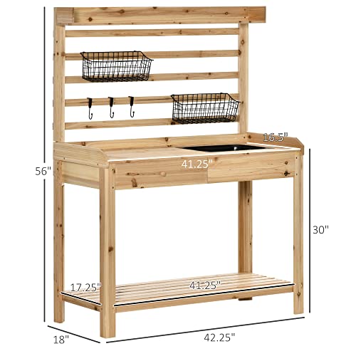 Outsunny Potting Bench Table, Garden Work Bench, Workstation With Metal Sieve Screen, Removable Sink, Additional Hooks And Baskets For Patio, Courtyards, Balcony, Natural #TOP2