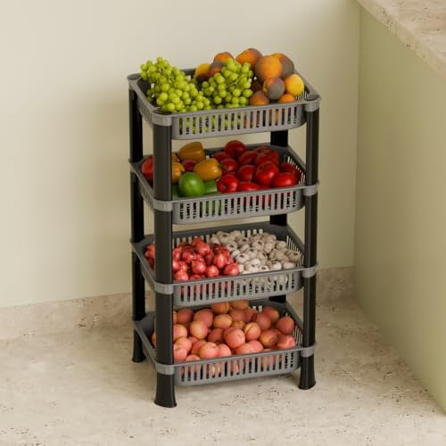 Biltoxi Multipurpose Plastic Kitchen Rack with Baskets | Vegetable & Fruit Storage Stand | Strong & Durable Organizer for Kit