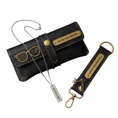 Personalized Leather Accessories Set, with Gold Hardware, Customized Name Engraving, Includes Sunglass Cover, Keychain, Chain & Pendant