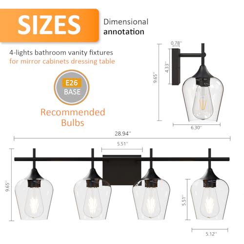 Image of Vanity Bathroom Light, 4-Light 29'' Bathroom Light Fixtures Over Mirror, Black Vanity Lights for Bathroom with Clear Glass, Modern Wall Lamp for Cabinet Hallway, Bedroom