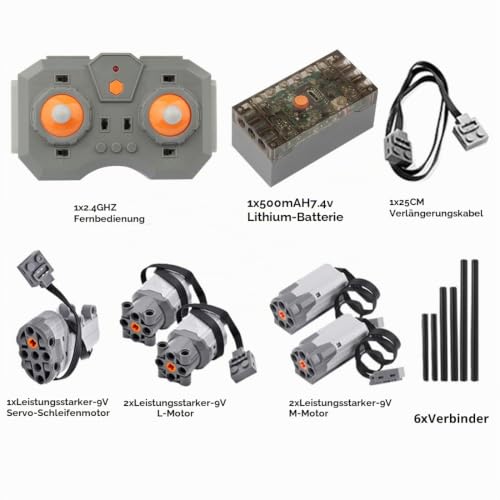 Foto von AKOGD Power Functions Set, 9 Teile Motoren mit Batteriebox Fernbedienung Set Motor Servomotor Verlängerungskabel Kreuz Pleuelstange Kompatibel mit vielen Modellen