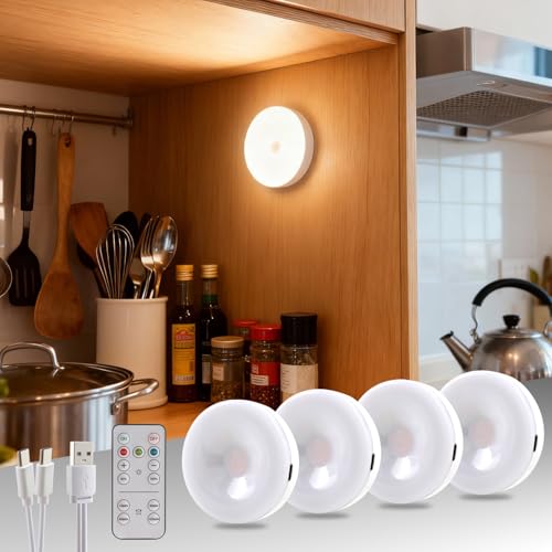 4 Pack Rechargeable Puck Lights with Remote & Touch Control, Wireless Under Cabinet Lighting, 3 Color Temperatures & Dimmable Stick on LED Lights, Magnetic Tap Light for Closet, Shelf Display, Kitchen