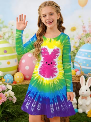Image of Ithalt Girls Easter Dress Bunny Print Shirts Easter Long Sleeve Dresses Litter Girls Christian Easter Gifts 5-12y