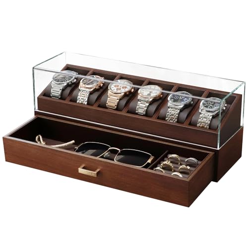 KAMIER High End Wooden Watch Box with 6 Slots & Glass Lid - 2-Layer Jewelry Organizer for Men - Watch Display Case, Ideal Business Gift for Watch Enthusiasts （with Gift Box）, Walnut