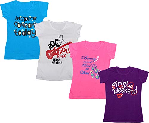 Image of indi weaves Girls Pure Cotton Chest Printed Half Sleeves Round Neck T-Shirts (Pack of 4)