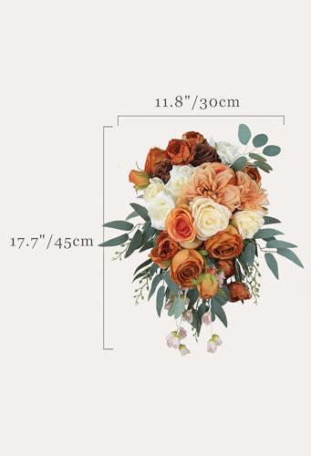 Rinlong 30 cm großer Blumenstrauß in Rusitc Burnt Orange Cascade Bouquet Herbst Hochzeit Blumensträuße für Braut kaskadierende Hochzeit Blumenstrauß aus Blumen Tropfenform Brautstrauß Hochzeit