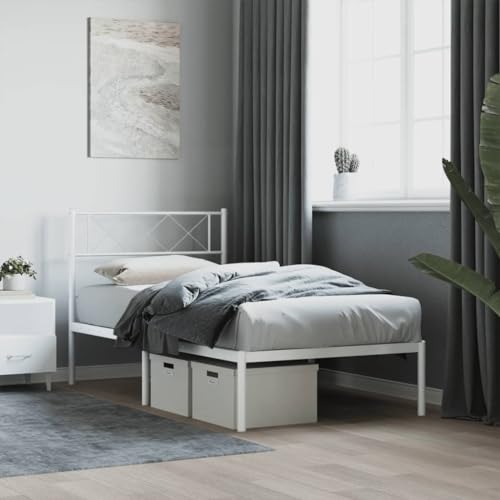 vidaXL Estructura de Cama con Cabecero, Somier de Listones de Invitados, Armazón Marco de Cama, Mueble para Dormitorio, Metal Blanco 75x190 cm
