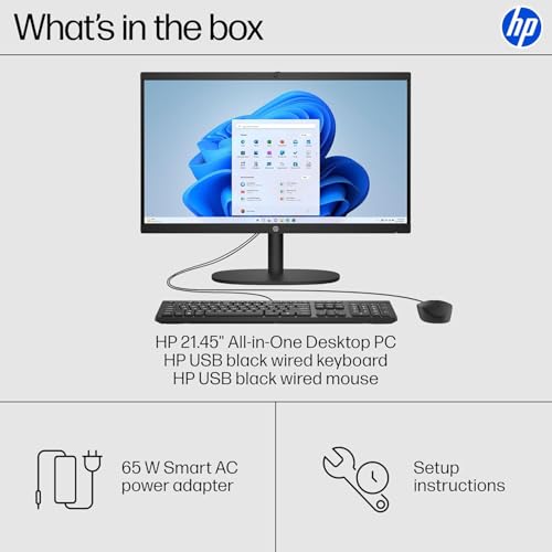 Image of HP 21.45 inch FHD All-in-One PC, Intel N200, 32GB DDR5, 2TB PCIe SSD, WiFi 6, Bluetooth, Windows 11 Home, Includes Wired Keyboard & Mouse + External 9H 6-in-1 DVD Drive, Black