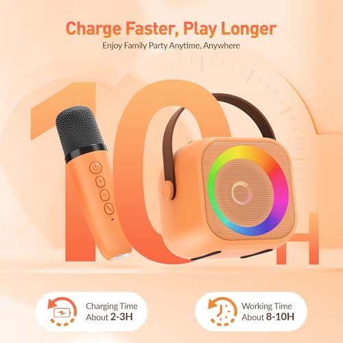 Image of Karaoke Machine for Kids Adults: Mini Portable Karaoke Machine with 2 Wireless Microphones and Lights, Christmas Birthday Gifts for Girls Boys Family Home Party(Orange)
