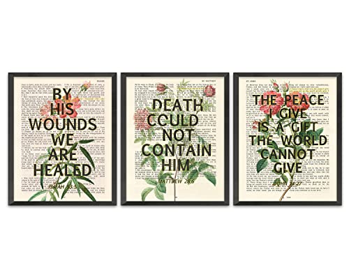 Healing 3 Set, Isaiah 53:5, Matthew 28:6, John 14:27 Art Print, UNFRAMED, Vintage Bible Page Verse Scripture, Floral Christian Wall and Home Decor Poster, 8x10 Inches
