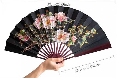 CIFIBIFUN Japanese Folding Hand Fan, Black with Pink Flower Floral Blossoms, Bamboo Frame, 13 Inch, for Women Decorative Party Wedding Music