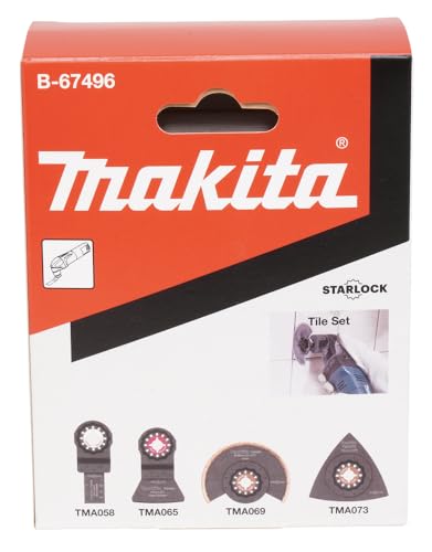 Makita B-67496 Starlock Fliesen-Set 4-tlg. für Mörtel, Porenbeton, Silikonfugen, Teppichreste, Alu, Gipskarton, Epoxid, Holz, Holz mit Nagelrückständen, TMA058, TMA065, TMA069, TMA073