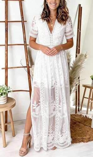 Image of LRISES Womens V Neck Floral Embroidered Lace Wedding Maxi Dress Boho Short Sleeve Slit Bridesmaid Evening Party Dresses