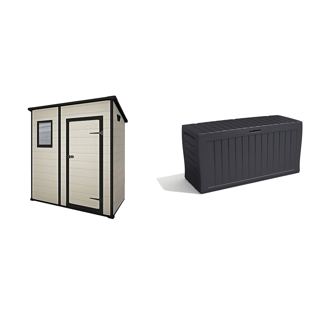 Keter Manor Outdoor Pent Single Door Garden Storage Shed 6 x 4ft & Marvel+ 270L Outdoor 65% recycled Garden Furniture Storage Box Graphite Wood Panel Effect