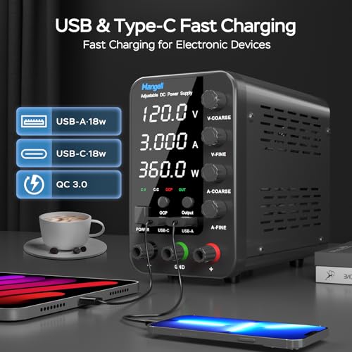 Image of DC Power Supply Variable, 120V 3A Bench Supply With Encoder Coarse & Fine Adjustments Knob, Adjustable Switching Regulated Lab Supply With 5V 3.6A USB & Type-C Quick-Charge