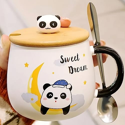 Image of BonZeal Ceramic Panda Mug Set - 4 Tea Coffee Cups With Lid and Spoon - Birthday, Christmas, New Year Gift for Kids, Friends, Secret Santa - 400 ml