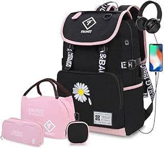 FRONET School Bags for Girls, Teenage Girl's Backpack for Primary Secondary Junior Senior School Kids Children Book Bag College Students Women Casual Daypack Bookbag Set with Lunch Box, Pencil Case
