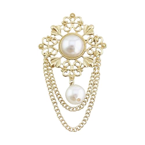 Vintage Rondes Filigrane Perles Fleur Broche avec Chaîne à Pompon, Style Baroque Brochen pour Femme, élégante Broche Fleur Creuse Dorée, Accessoire de Bijouterie pour Queue-de-pie