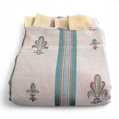 Mercatienda Cortina de Calle alpujarreña 140x260 cm con Trabillas – Tejido Jacquard Flor de LYS a Rayas Verde– Estilo rústico Tradicional – Hecha en España