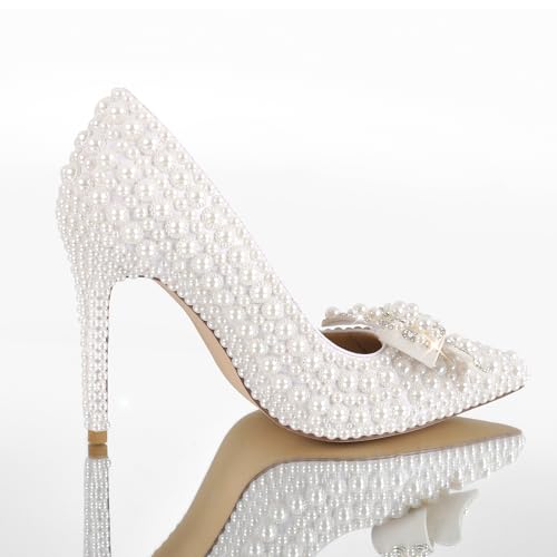 Women's Pearl Rhinestone Bow High Heels Pumps Sparkly Wedding Closed Pointed Toe Bridal Dress3