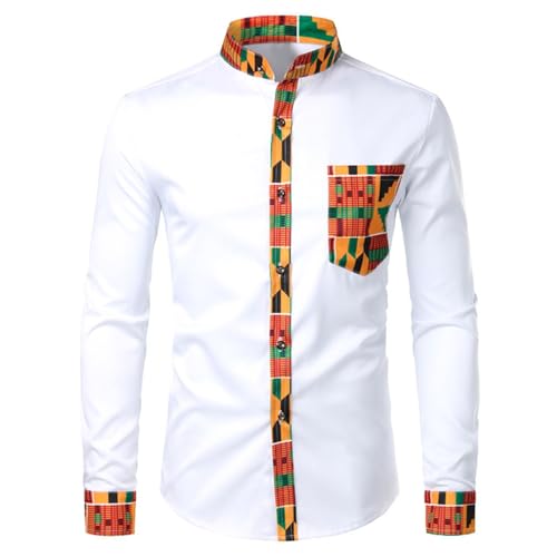Duohropke Chemise longue pour homme - Imprimé africain - Manches longues - T-shirt basique - Coupe ajustée - Bouton - Blouse - Haut - Vêtement de noblesse...