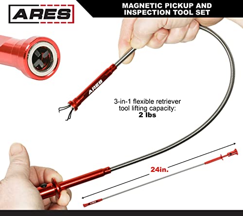 ARES 10093 – 24-Inch Flexible Magnetic Pickup Tool – Multiple Pickup Methods with Flexible Shaft – LED Lighted Pickup End - Retrieve Lost Keys, Tool Parts, Bolts, Fasteners, and More