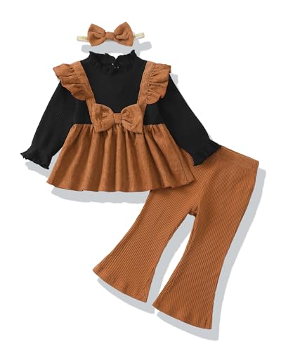 XUANHAO Baby Girl Clothes Fall Winter Infant Toddler Girl Outfits Cute Long Sleeve Ruffle Tops Flare Pants Set+Headband 3PCS